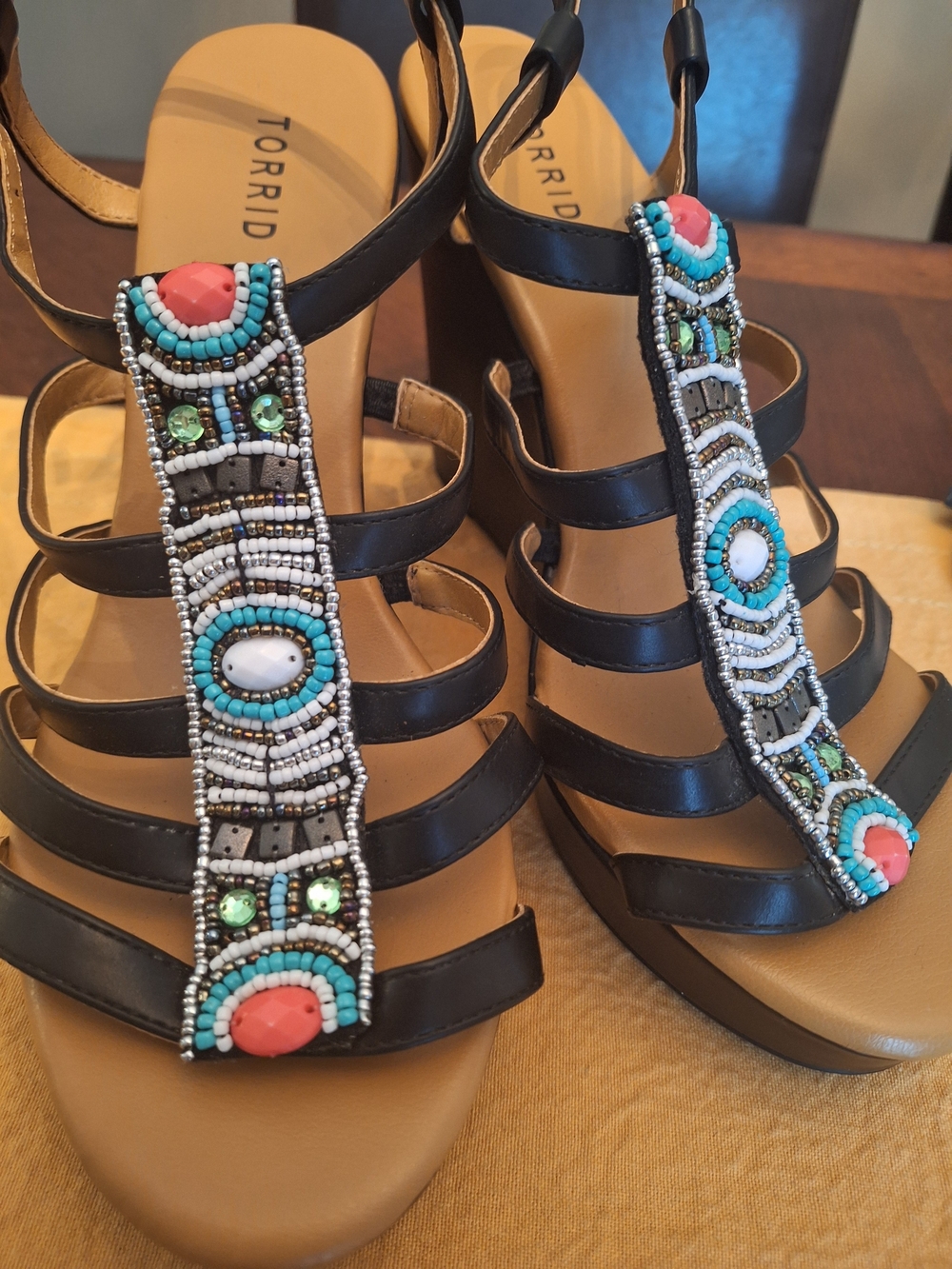 (Wide) Ethnic Sandals Black With Colorful Beads T-strap 11W